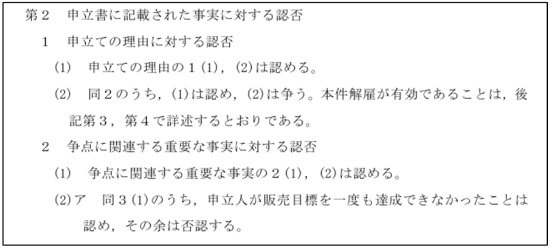 答弁書の記載時効「申立書に記載された事実に対する認否」